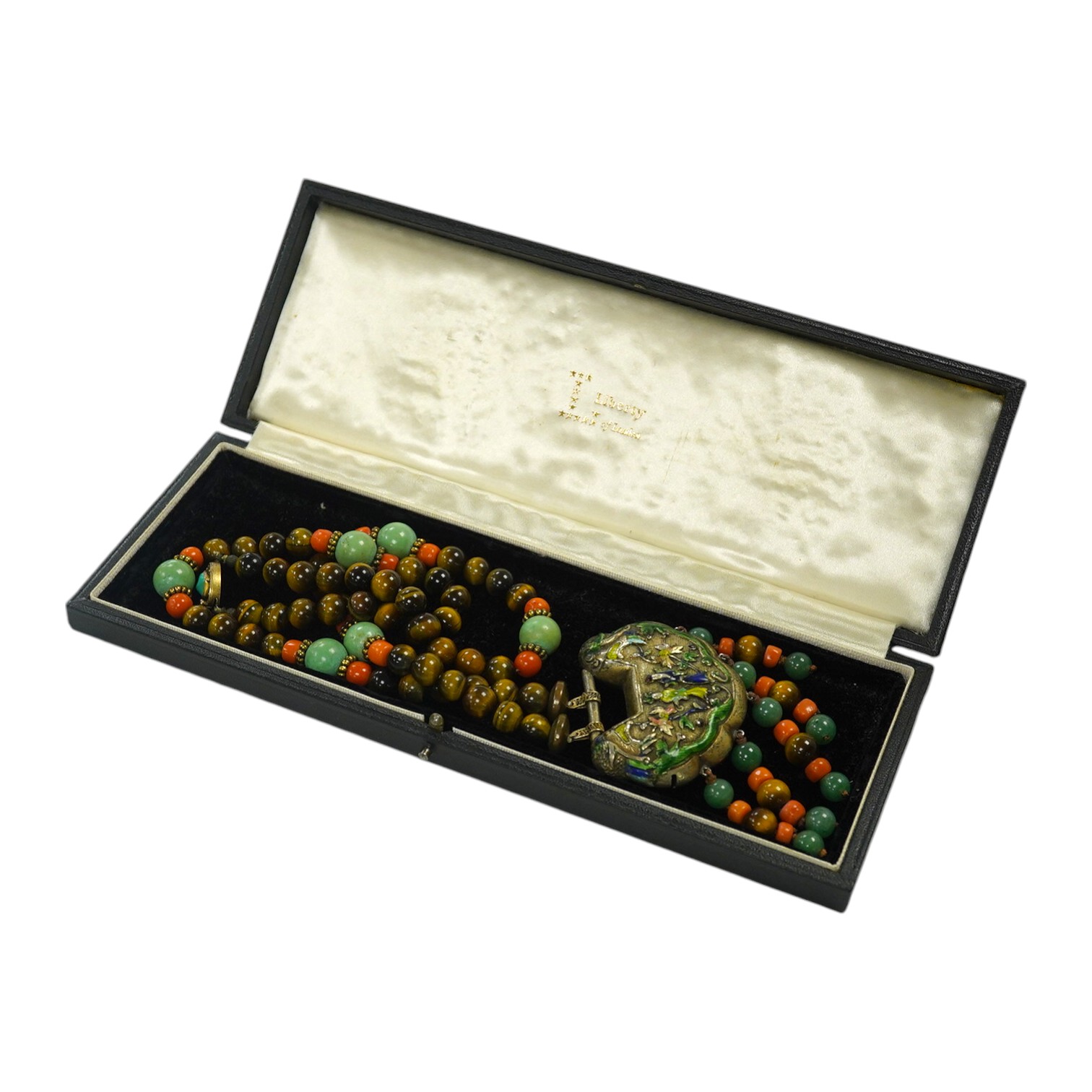 A Chinese silver and enamel amulet tiger's eye, coral and turquoise bead necklace, housed in a liberty box. Condition - good